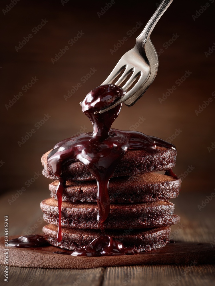 Obraz premium Close-up shot of chocolate lava pancakes with syrup dripping down, captured from a cinematic side angle with a fork lifting a piece.