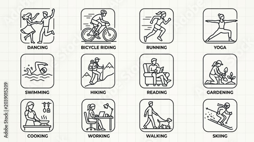 Schilderij op canvas Collection of Line Art Icons Representing Various Hobbies and Activities