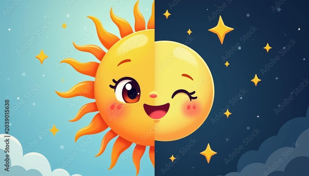 Fototapeta premium Cute cartoon sun and moon characters represent day and night. Smiling sun shines brightly next to winking moon with stars. Perfect for children designs.
