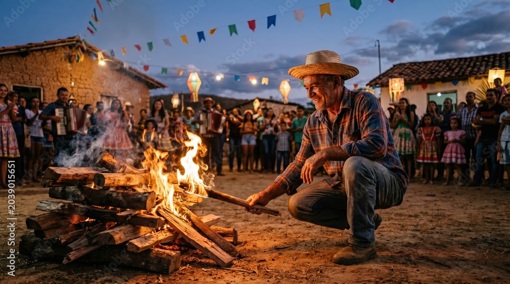 Fototapeta premium A man lighting a bonfire for Saint John's Day in northeastern Brazil.