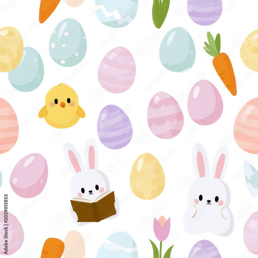 Fototapeta premium Design shows repeating Easter elements like eggs, chicks, bunnies, carrots, and tulips in soft pastel colors on white background.