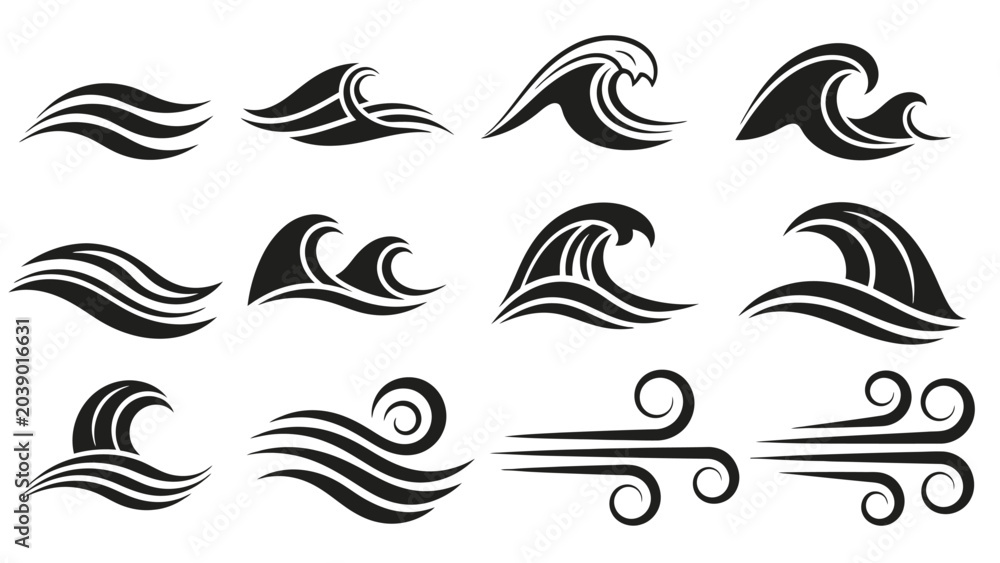 Fototapeta premium Set of Wave and Wind Icons: A collection of stylized black and white graphic elements representing various wave and wind patterns, suitable for design projects.