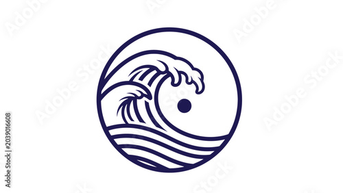 Ocean Wave Emblem: A minimalist circular emblem featuring a stylized ocean wave in deep blue, with horizontal lines representing water and a single dot, evoking a sense of calm and movement.