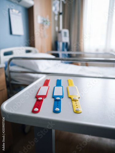 Color coded hospital identification wristbands on bedside table in patient room healthcare admission concept