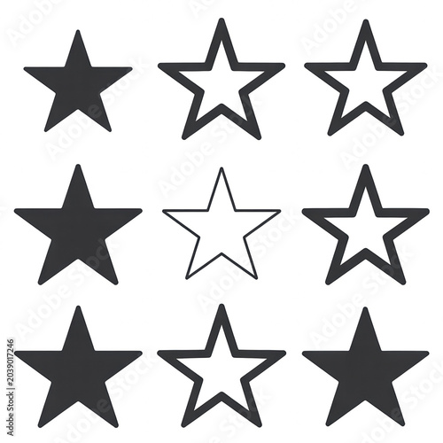Set of star icons, different styles of star shapes isolated on white background