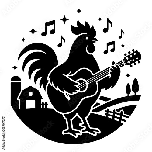 Slika na platnu Rooster Playing Guitar in a Farm Setting with Musical Notes and Stars