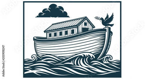 Fotografía Noah's Ark on flood waters, biblical scene, dramatic stormy sea, monochrome illu