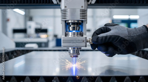 Close up of technician in grey glove using laser cutting machine on metal sheet sparks flying industrial manufacturing.