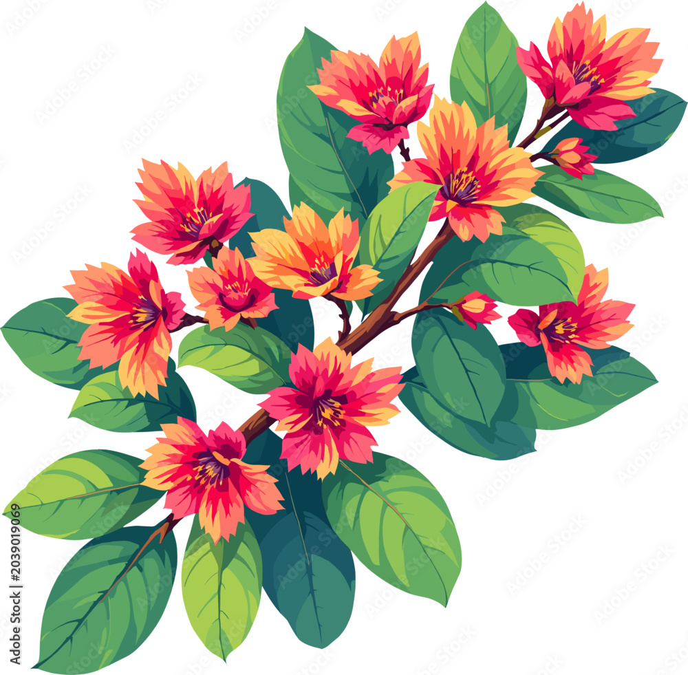 Obraz premium Coral flower bouquet with green leaves, vibrant botanical illustration of blooming flowers for floral decoration and garden design
