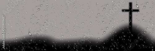 Cuadro en lienzo transparent raindrops and a misty mountain with a Christian cross on a gray back