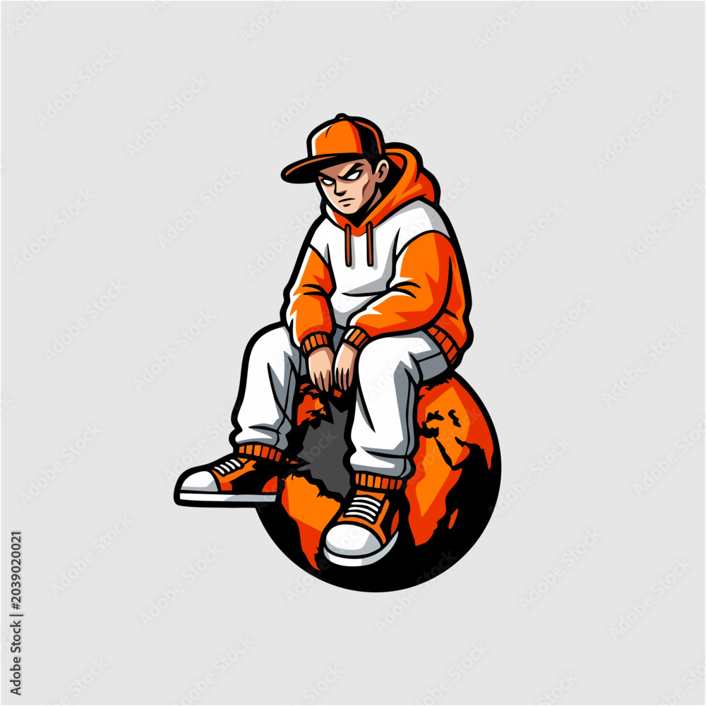 Fototapeta premium Hip Hop Street Boy Sitting on Ball Mascot Vector Illustration Character Design