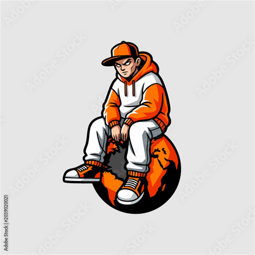 Hip Hop Street Boy Sitting on Ball Mascot Vector Illustration Character Design