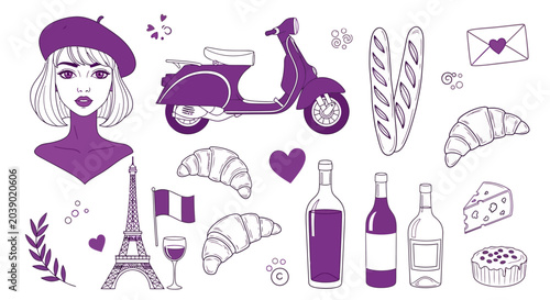 French culture icons, parisian symbols and food, travel concept background