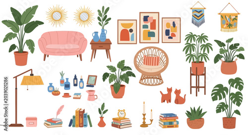 Foto Colorful home decor items and furniture, bohemian interior design concept, backg