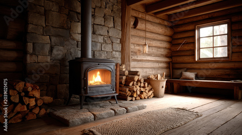 Photorealistic Winter Cabin Scene Glowing Wood Stove