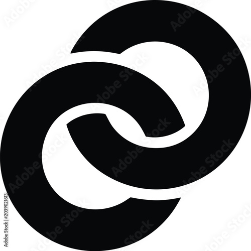 Bold flat black and white pictogram icon of two interlinked circles representing connection, unity, and partnership in a seamless, modern design