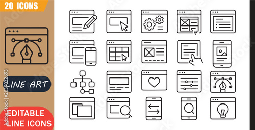 Isolated web design icons set, 20 editable line art icons set, webdesign website ui, ux interface layout, digital responsive creative, development theme style, clean outline vector