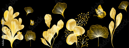 Foto Stylized grass, flowers, and butterflies with a golden gradient on a black background