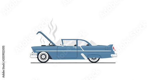 Tableau sur toile Vintage blue car with open hood and steam, breakdown, retro automobile