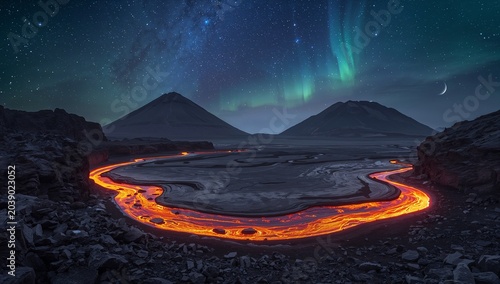 Lava Flowing into Ocean Under Starry Night Sky with Aurora Lights in Volcanic Landscape