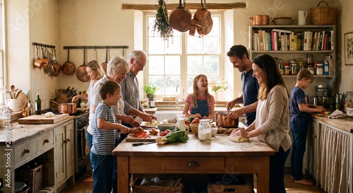 Happy multi-generational family cooking and preparing a meal together in a rustic kitchen, chopping vegetables and kneading dough, enjoying bonding time.