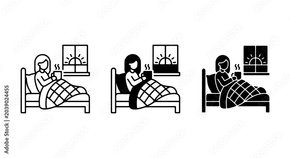 Fototapeta premium Woman Reading in Bed with Coffee, Morning Sunrise Window Icon Set, Cozy Lifestyle Vector Graphics
