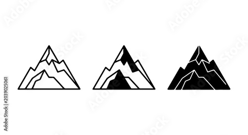 Minimalist mountain icon set, black and white vector graphics, nature and adventure symbols