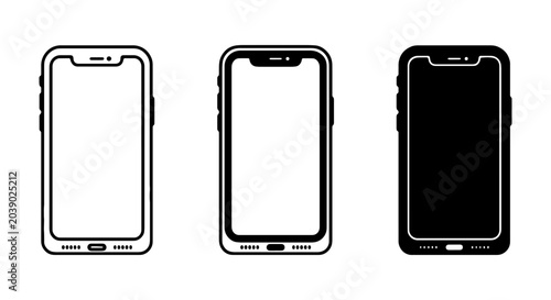 Modern smartphone vector icons, mobile phone device illustrations, black and white technology graphics for app design