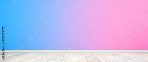 A Subtle Gradient: A soft transition from serene blue to delicate pink creates a calming and inviting atmosphere, highlighted by a clean wooden floor and a crisp white baseboard.
