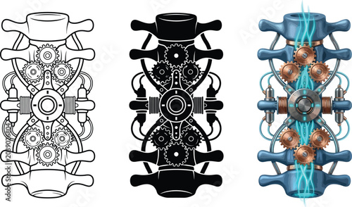 Fotografi Set of steampunk human vertebra illustrations featuring intricate gears and pipe