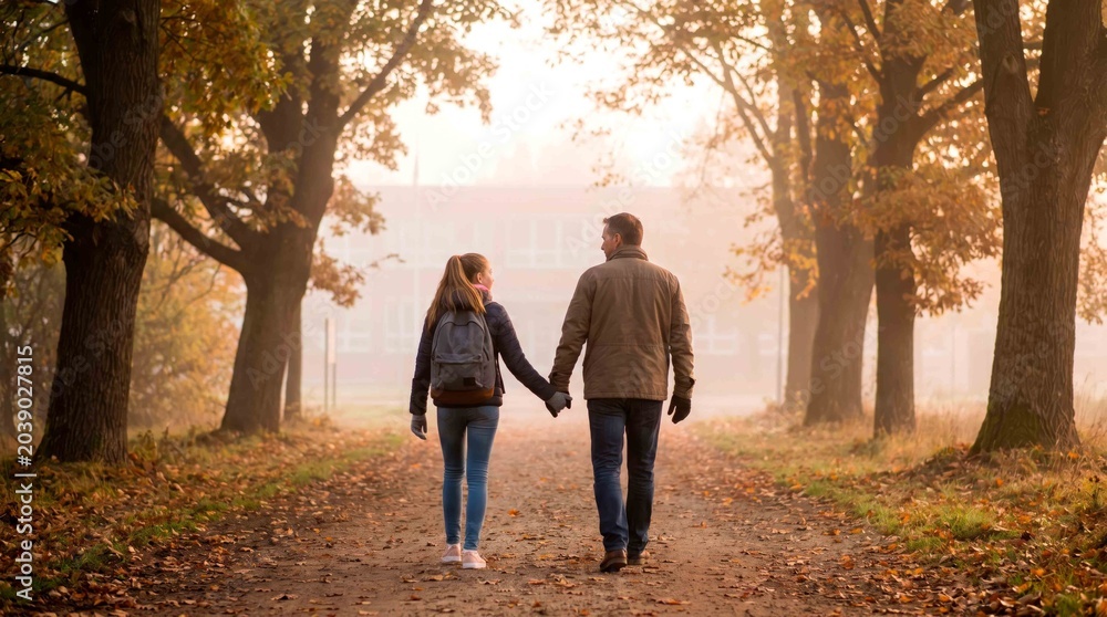 Fototapeta premium Couple Walk Hand in Hand Down a Leafy Path on a Misty Autumn Morning with Golden Trees
