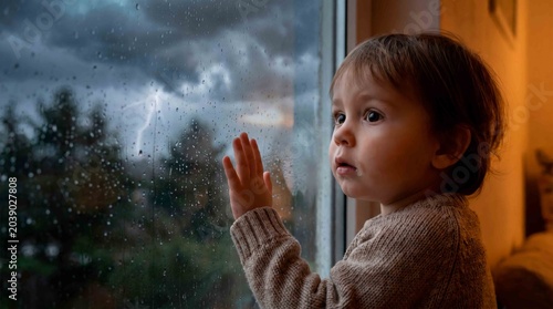 Young child behold a dramatic lightning storm through a rain-streaked window with wonder and awe