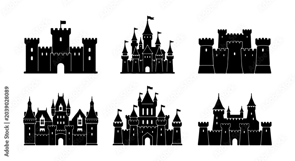 Obraz premium Castle Icons Set, Medieval Fortress Vector Graphics, Fairytale Palace Silhouettes, Royal Architecture Collection