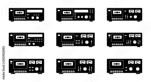 Foto Retro Cassette Player Icons, Vintage Audio Equipment Collection, 90s Music Devic