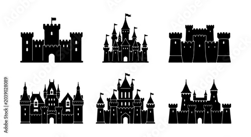 Castle Icons Set, Medieval Fortress Vector Graphics, Fairytale Palace Silhouettes, Royal Architecture Collection