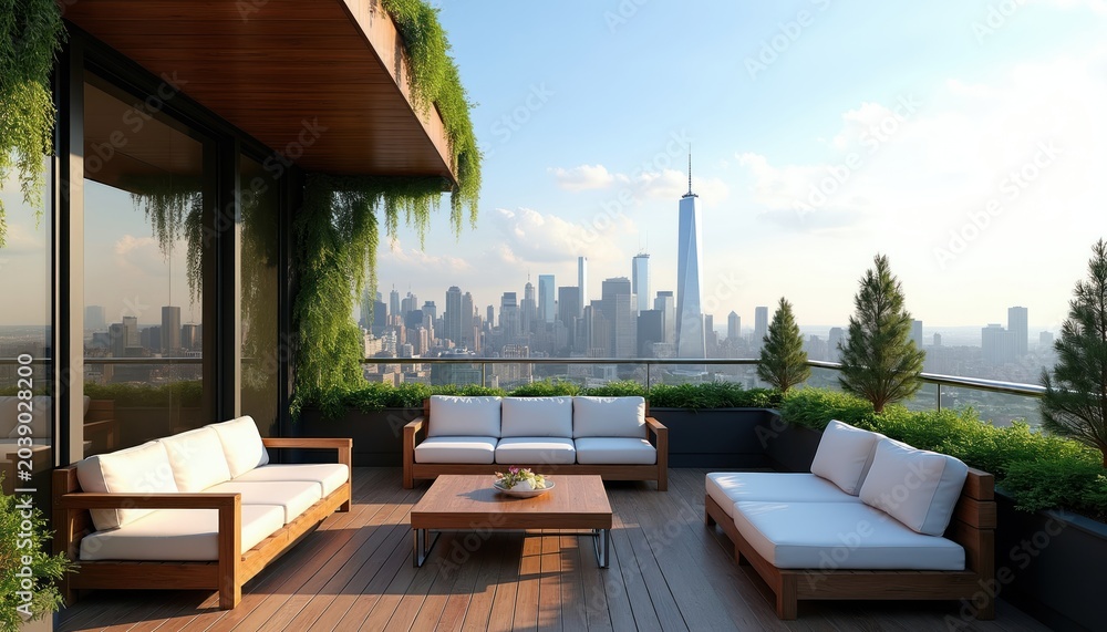 Fototapeta premium Modern rooftop terrace with city skyline view. Outdoor lounge area with wooden furniture and green plants. Luxury apartment balcony offers comfortable seating and relaxation space.