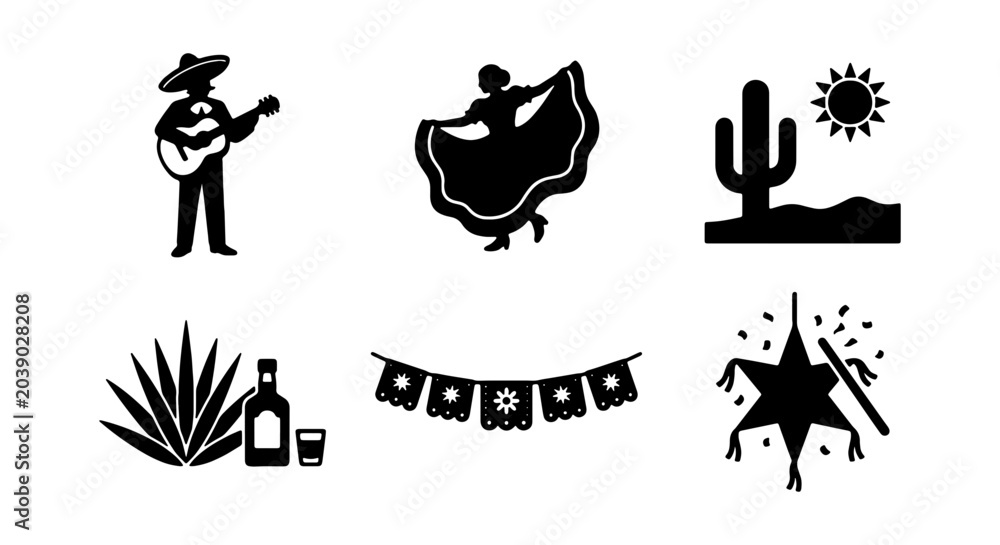 Fototapeta premium Mexican Fiesta Icons: Mariachi, Dancer, Desert, Agave, Banner, Piñata