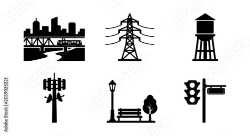 Tableau sur toile Urban Infrastructure Icons: Cityscape, Power Tower, Water Tank, Cell Tower, Park