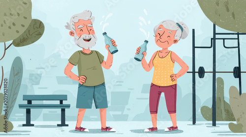 Active Seniors Laughing Water Fight Outdoor Workout