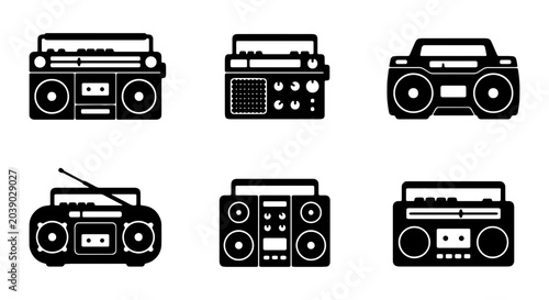 Retro Boombox Icons Set, Vintage Audio Player Graphics, 80s Music Cassette Vector Collection