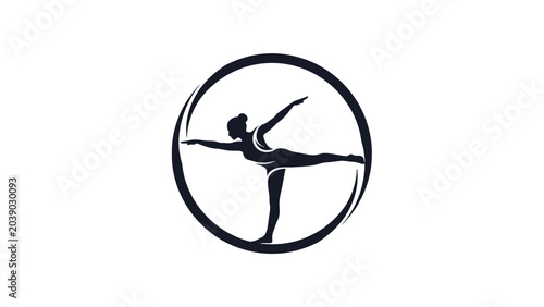 A black and white silhouette logo of a person performing a yoga pose, symbolizing balance, health, and wellness within a circular design.