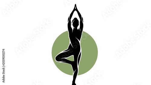 Foto yoga pose silhouette green circle background.