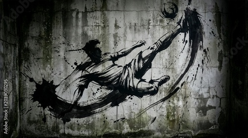 Illustration of a soccer player doing an overhead kick painted on a concrete wall