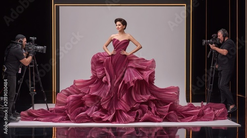 Glamorous Woman in Flowing Gown Posing on Set with Film Crew
