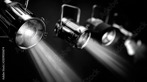 Stage spotlights shining light beams in darkness, performance lighting, black and white