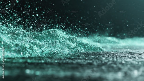 Abstract Turquoise Glittering Particles Flowing Over Dark Textured Surface