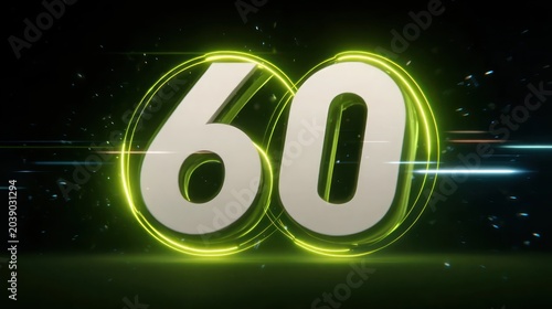 Countdown 60 seconds, bright neon glow, digital timer, motion blur background