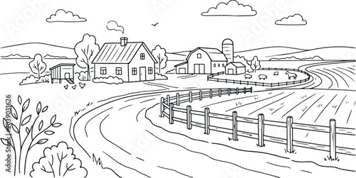 A black and white line drawing of a farm