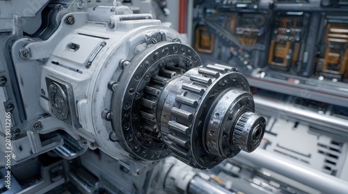 Industrial precision engineering motor with complex gears in a high tech manufacturing facility