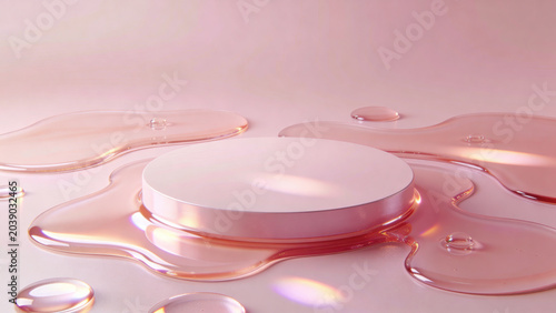 Circular podium platform surrounded by glossy pink liquid shapes on a soft gradient background, ideal for product display or promotional use in advertising